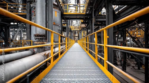 Symmetrical walkway in modern factory interior
