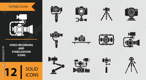 Professional video recording and stabilization equipment solid icons set for creative media production