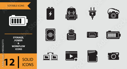 Essential solid vector icons for digital storage, power, and workflow applications