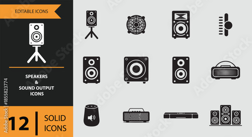 Solid black icons depicting various speakers and sound output devices for audio systems