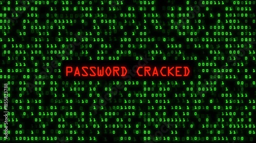 Password Cracked Glitch Text Animation. Green Digital Binary Code Matrix Background.