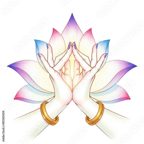 Two hands in prayer gesture with golden bracelets in front of a blooming lotus flower with pink and blue petals