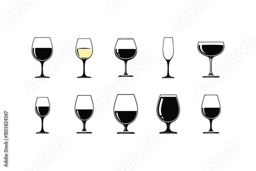 Alcohol Glassware Icons Set Wine, Beer, Champagne, and Spirits Vector Illustrations
