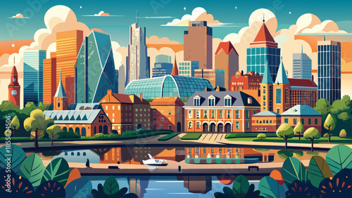 Very beautiful panoramic landscape of The Hague city centre, featuring modern skyline elements, historic buildings, open urban spaces, and a balanced blend of tradition and contemporary life.
