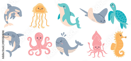  set of hand drawn ocean creatures cartoon sea animals