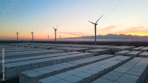 Aerial view of white buildings and wind turbines at sunset with a blue and yellow sky. Captures the beauty and potential of renewable energy.