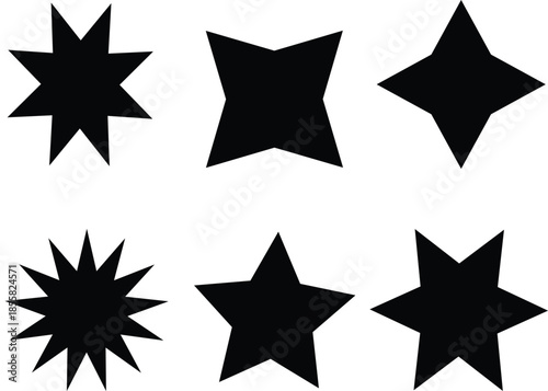 Shine retro stars set icon silhouette. Sparkle black stars symbol. Star shapes set silhouette. Magic light flare set.