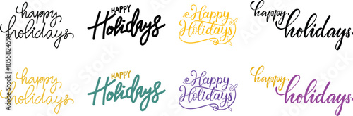 Happy Holiday Icon set. Happy Holidays text, hand drawn calligraphy, lettering, phrase, vector with mistletoe, for social media, header, email signature, email banner, gift tags.