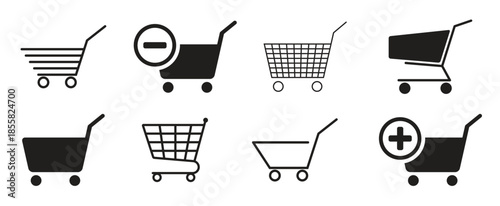 set of isolated black icons on a theme shopping cart 