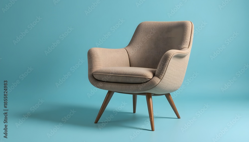 Fototapeta premium Modern beige armchair with wooden legs on blue background