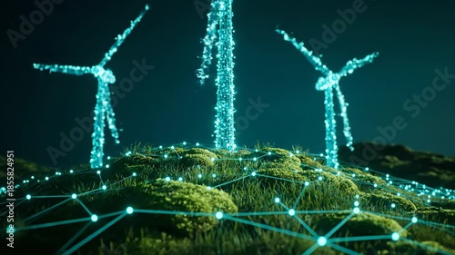 Digital wind turbines connected by glowing blue network nodes atop green hills in low light. Renewable energy concept with sustainable technology.