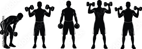 Men weight training silhouettes set, dumbbell workout exercises, fitness bodybuilding routine, strength training, healthy lifestyle, gym sport vector illustration