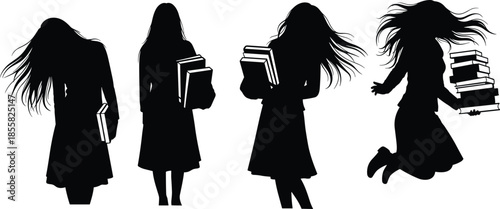 Female student reading and learning illustration, education concept with books, academic study silhouettes, young woman knowledge theme, black vector design