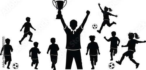 Kids soccer celebration silhouettes, youth football players running and kicking ball, coach holding trophy, teamwork victory sports vector illustration, on white background