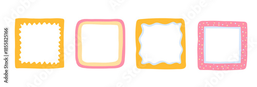 Cute square photo frames for kids. Squiggle borders. Wiggly groovy shapes, funky geometric text box frameworks. Vector set