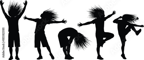Child silhouette in dynamic dance poses, energetic movement, black vector illustration, playful action, expressive posture, childhood activity, artistic motion concept