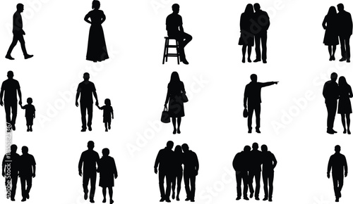People silhouette collection showing walking standing families couples groups, crowd lifestyle concept, urban social interaction isolated black vector illustration set