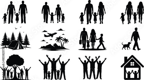 Family silhouette illustration set, parents and children together, lifestyle, love, bonding, community, home, outdoor activities, happiness, black vector icon collection