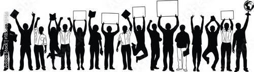 Crowd protest silhouettes illustration, people holding banners and placards cheering together, social movement demonstration activism concept vector isolated black design