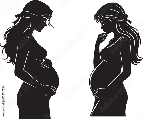 Elegant black silhouettes of pregnant women holding their bellies