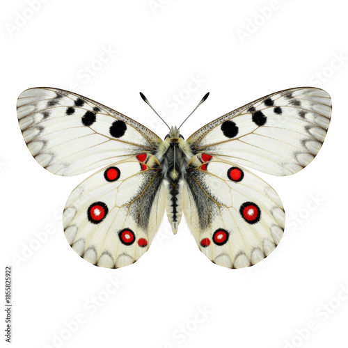 White butterfly with black dots and red eye spots on black background insect red spots