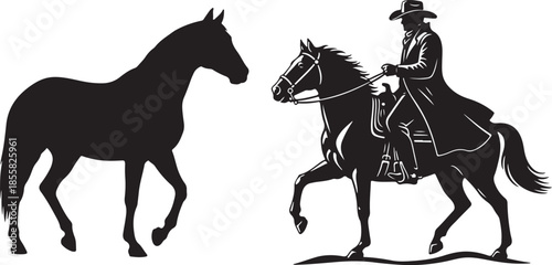 Western Rider on Horse and Horse Silhouette Vector Illustration Set