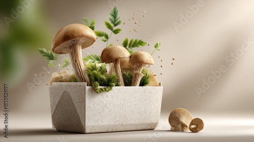 Enchanting Mushroom Arrangement: A captivating arrangement features several healthy mushroom and verdant fern leaves elegantly nestled in a modern container.