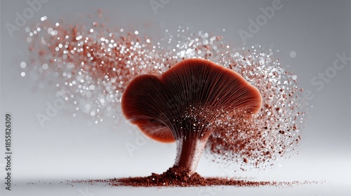 Ephemeral Fungi: A solitary, cap mushroom bursts into a cloud of particles, creating a visually striking representation of transformation and decay.