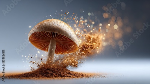 Mushroom Burst: A single mushroom, with its cap gracefully open, appears to explode into a cloud of particles, evoking a sense of wonder and transformation.