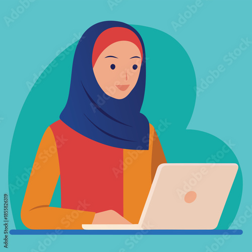 muslim-woman-in-hijab-using-laptop-at-home--modern.eps