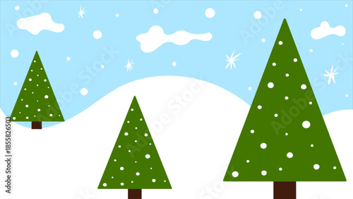 Simple Minimalist Vector Hill in Winter Christmas Season With Snowfall and Christmas Trees in Blue Cloudy Sky 