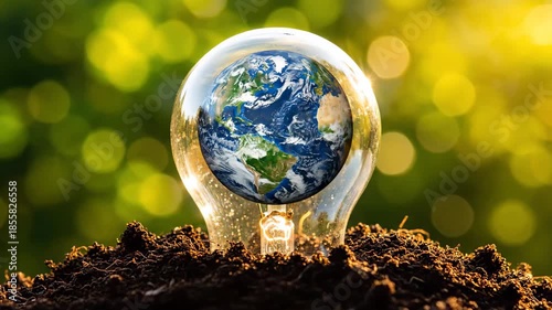 A world globe encased in a lightbulb rests on soil with a bright green foliage backdrop, symbolizing environmental protection and sustainable energy.