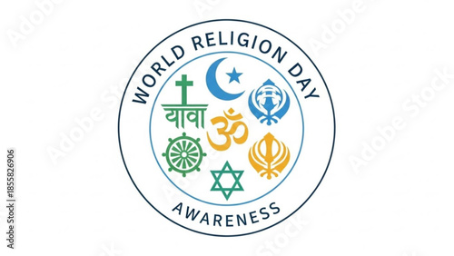 World religion day awareness logo with diverse faith symbols for unity and harmony