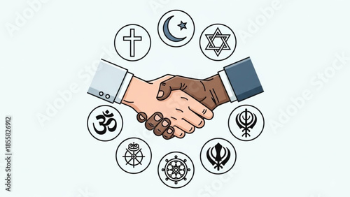Handshake of diverse people with various religious symbols around, representing unity and harmony among different cultures and faiths, promoting tolerance