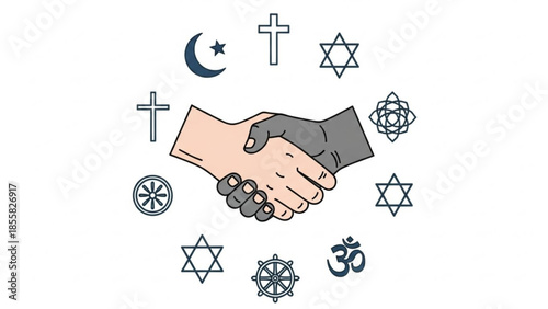 Handshake of unity and diversity with various religious symbols around, representing peace and harmony among different cultures and faiths globally