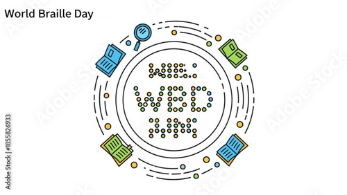 World braille day awareness illustration with books, magnifying glass and braille dots in a circular design
