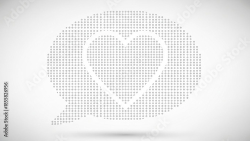 A creative dotwork illustration of a person's head made from numerous tiny letters and symbols on a white background with subtle gradient effects