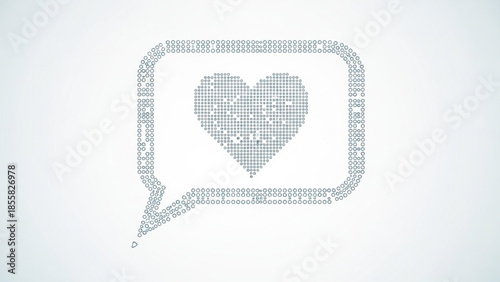 Gray heart symbol inside a speech bubble made of small circles on white background, representing love and communication concept
