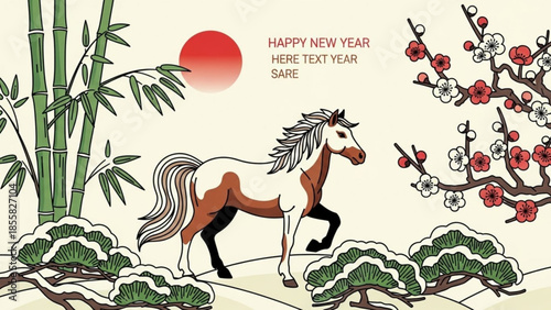 Brown and white horse running in a scenic landscape with bamboo trees, cherry blossoms, and bushes on a sunny day with a red sun