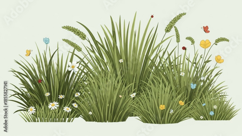 A vibrant lush green grassy area with colorful flowers and butterflies on a white background for nature and landscape designs