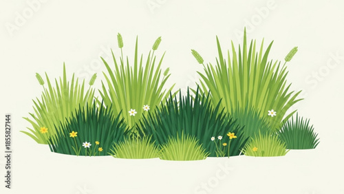 Vibrant illustration of lush green grass with white and yellow flowers on a plain background, perfect for nature and landscape designs