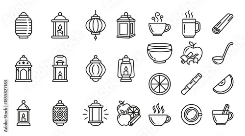 Vector Icons Set of Collection of Outline Icons Featuring Lanterns Hot Drinks and Spices for Festive Occasions. Vector Illustration. EPS Editable