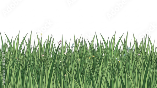 Green grass blades on white background, lawn texture, nature element, isolated foliage, environmental concept, fresh green grass, leafy landscape, grassy border, natural