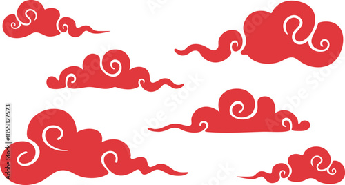 Traditional Red Chinese Cloud Motifs, Set of Stylized Oriental Clouds, Crimson Swirling Cloud Illustrations, Auspicious Red Clouds, Whispers of the Crimson Sky, Zen Cloud Silhouettes, illustration