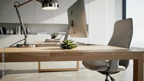 Modern Office Desk Setup, Minimalist Design, Bright Workspace, Photography