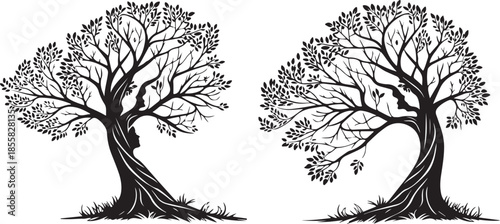 Two Stylized Trees with Woman Faces in Trunks, Black and White Vector