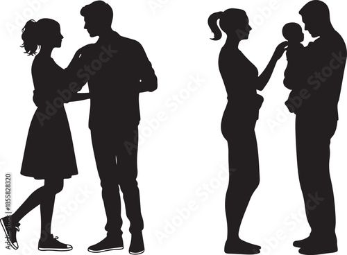 Relationship Stages: Couple Dancing and Parents Holding Baby Silhouettes