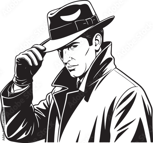 Classic Noir Detective Man Tipping Fedora Hat Vector Art Black and White