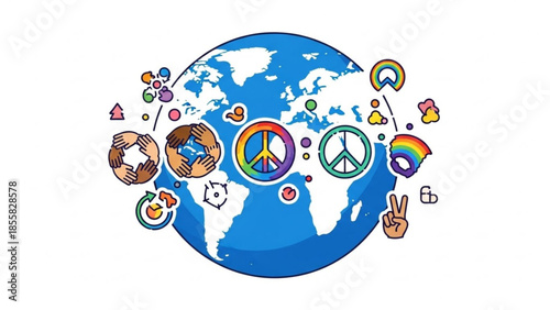 Vibrant illustration of a globe surrounded by peace signs, hands in unity, and rainbow symbols on a white background, conveying global harmony and peace