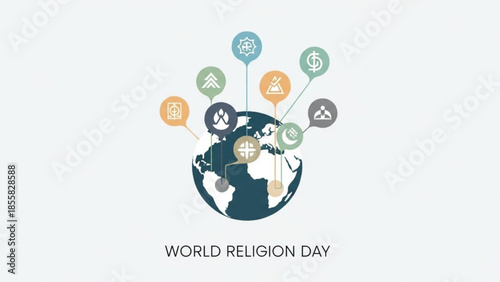 World religion day, global faith symbols on earth, diverse religious icons, cultural unity and spirituality concept, international day of interfaith dialogue